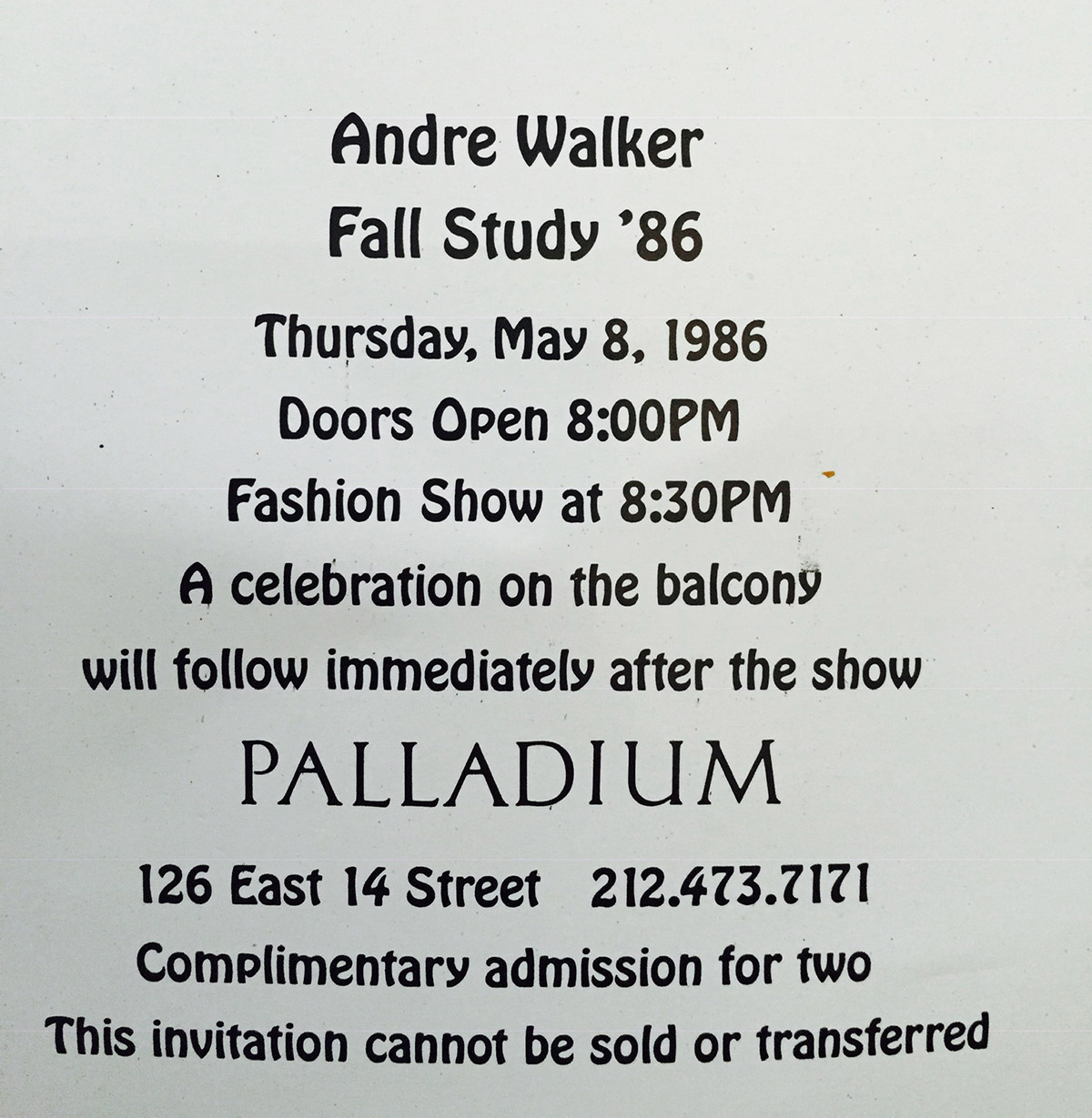 Invite from Andre Walker’s “The Casual Study” Fall/Winter 1986 Collection shown at the Palladium in New York 