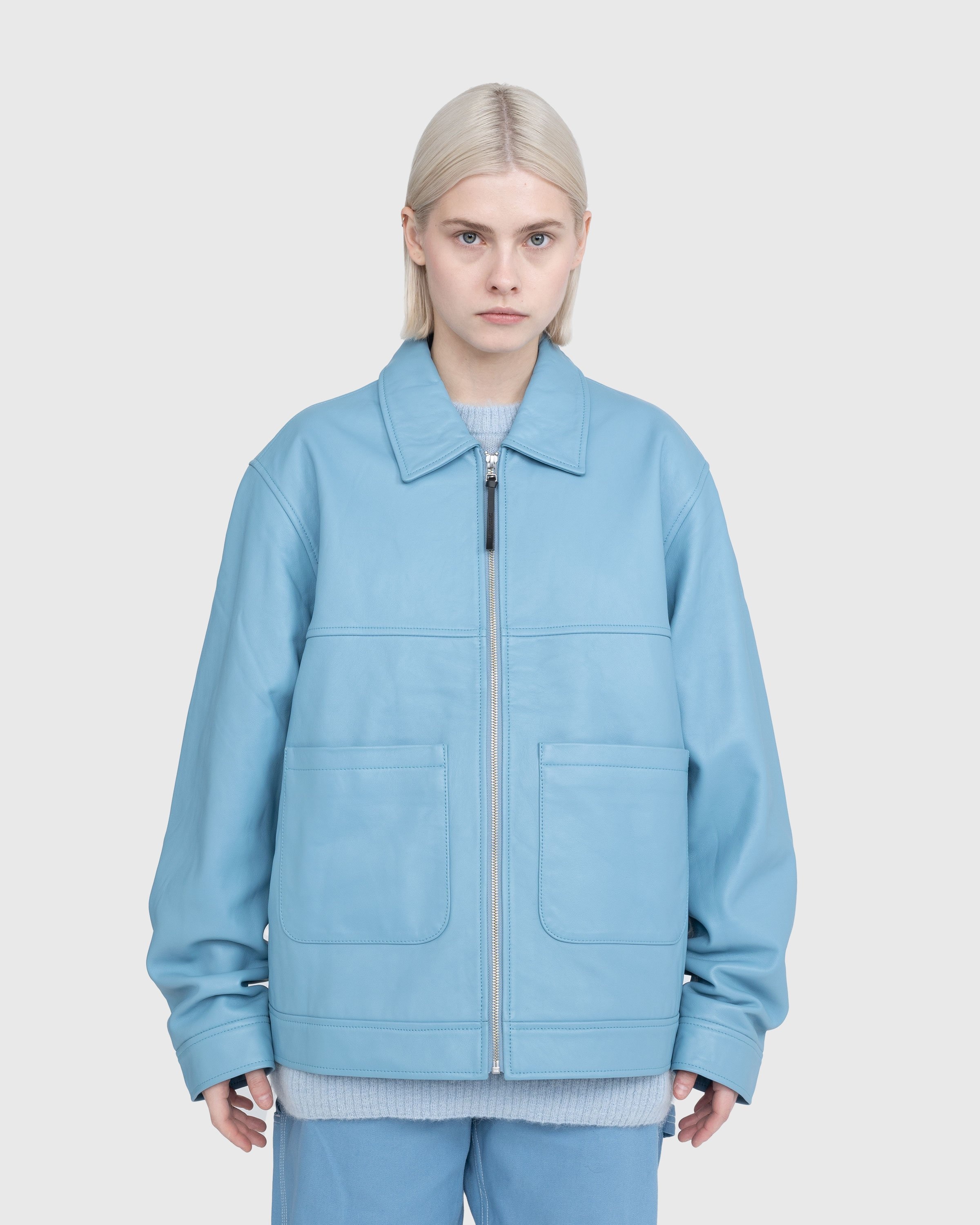 Powder blue leather jacket on sale