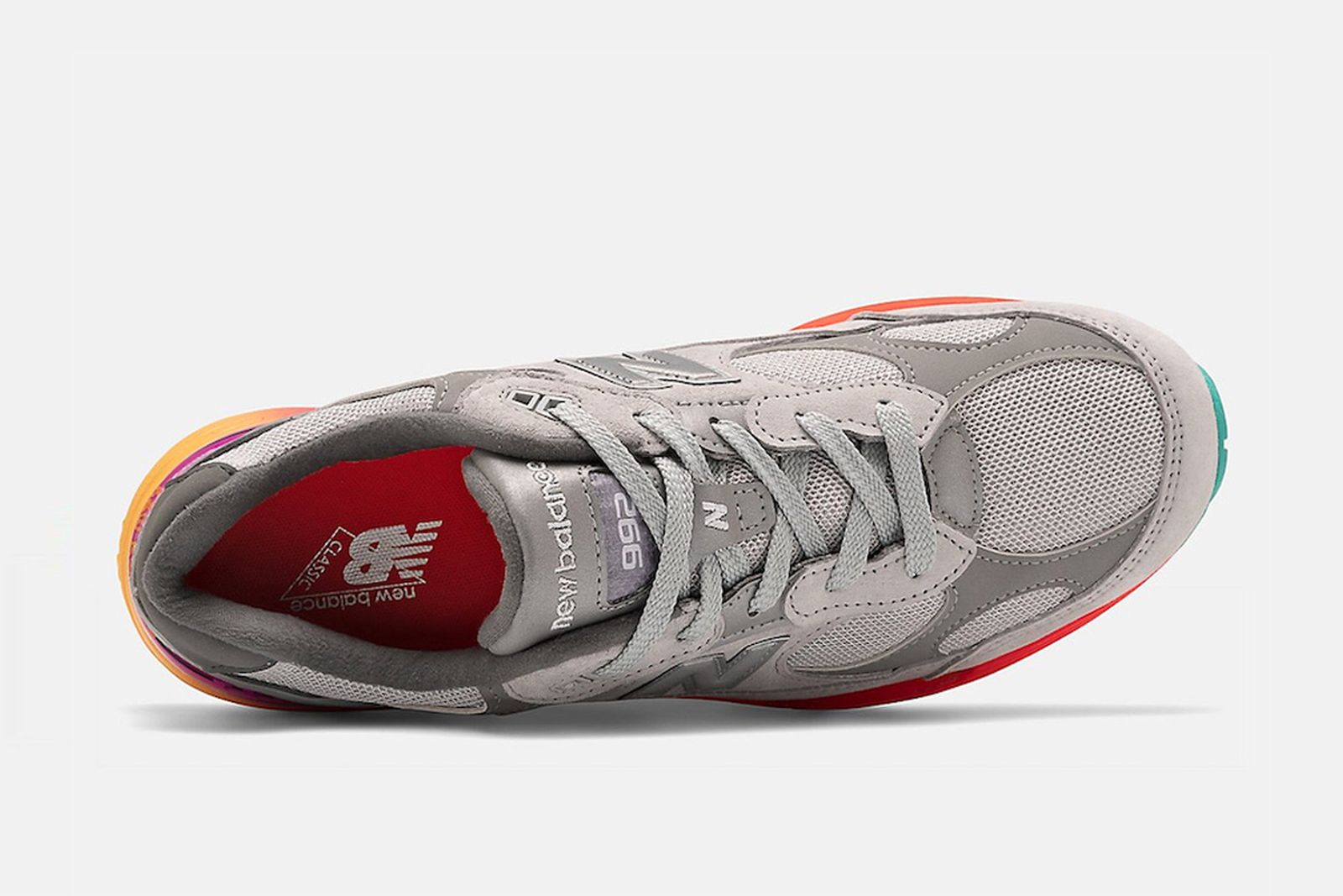 grey and multicolor new balance 992 sneaker in side top down view
