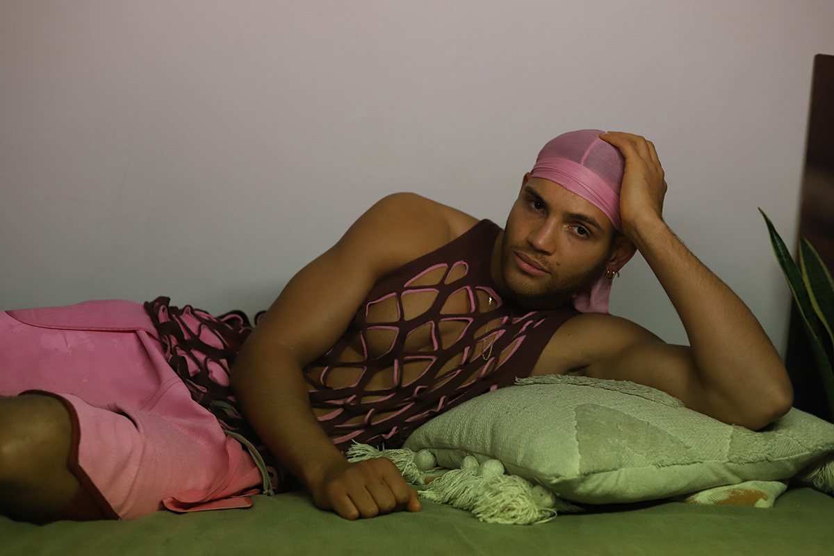 net-like cotton tops in brown and in pink, leather basket shorts worn in reverse RICK OWENS durag personal