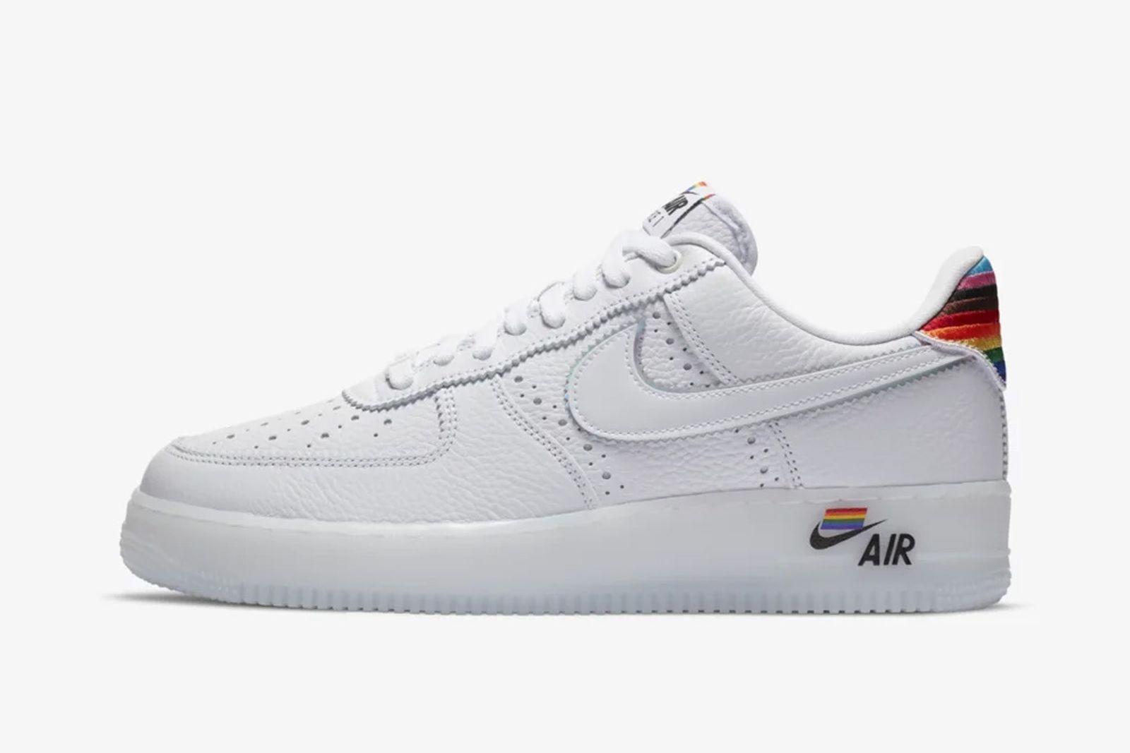 White and rainbow Pride Nike Air Force 1 side view