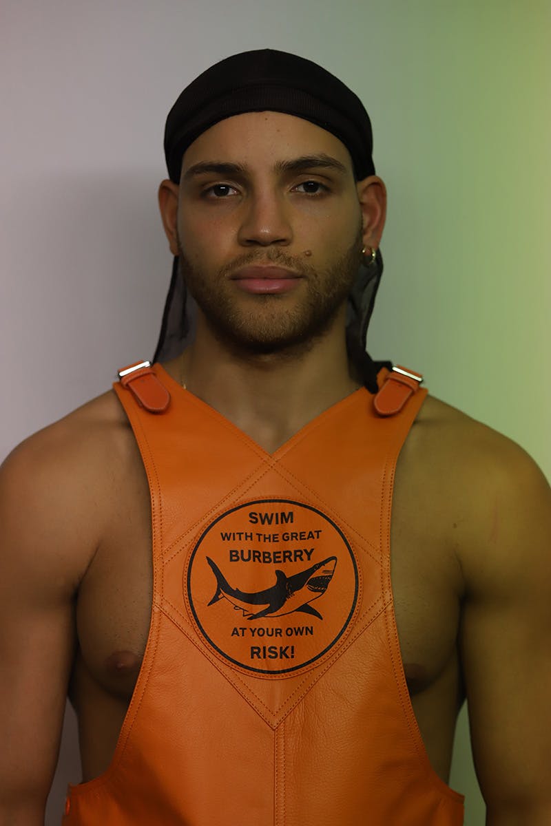 orange leather dungaree BURBERRY earing MARCO PANCONESI durag personal