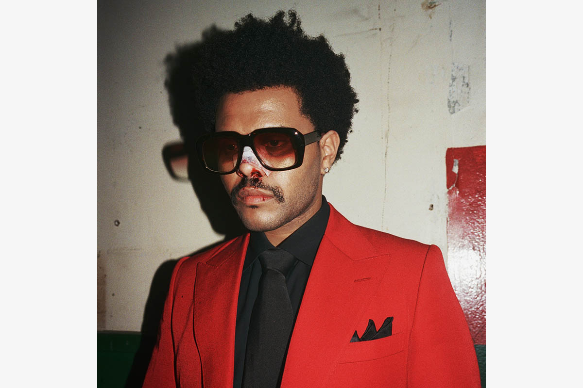 The Weeknd glasses bloody nose red jacket