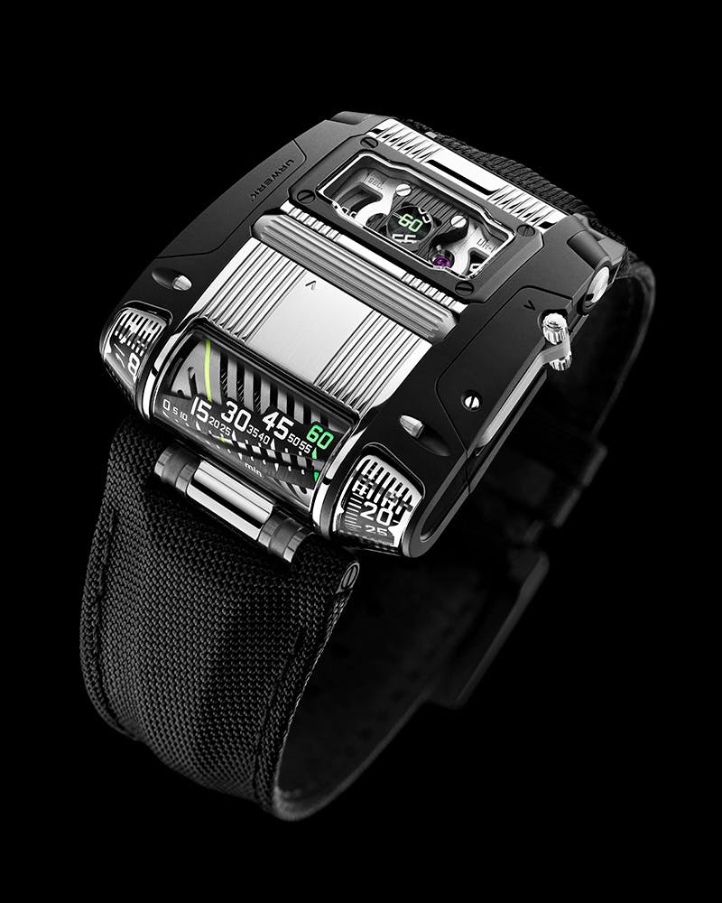 Urwerk UR-111C in steel and black PVD steel with jumping hours, retrograde linear minutes, digital minutes, digital seconds. $130,000.