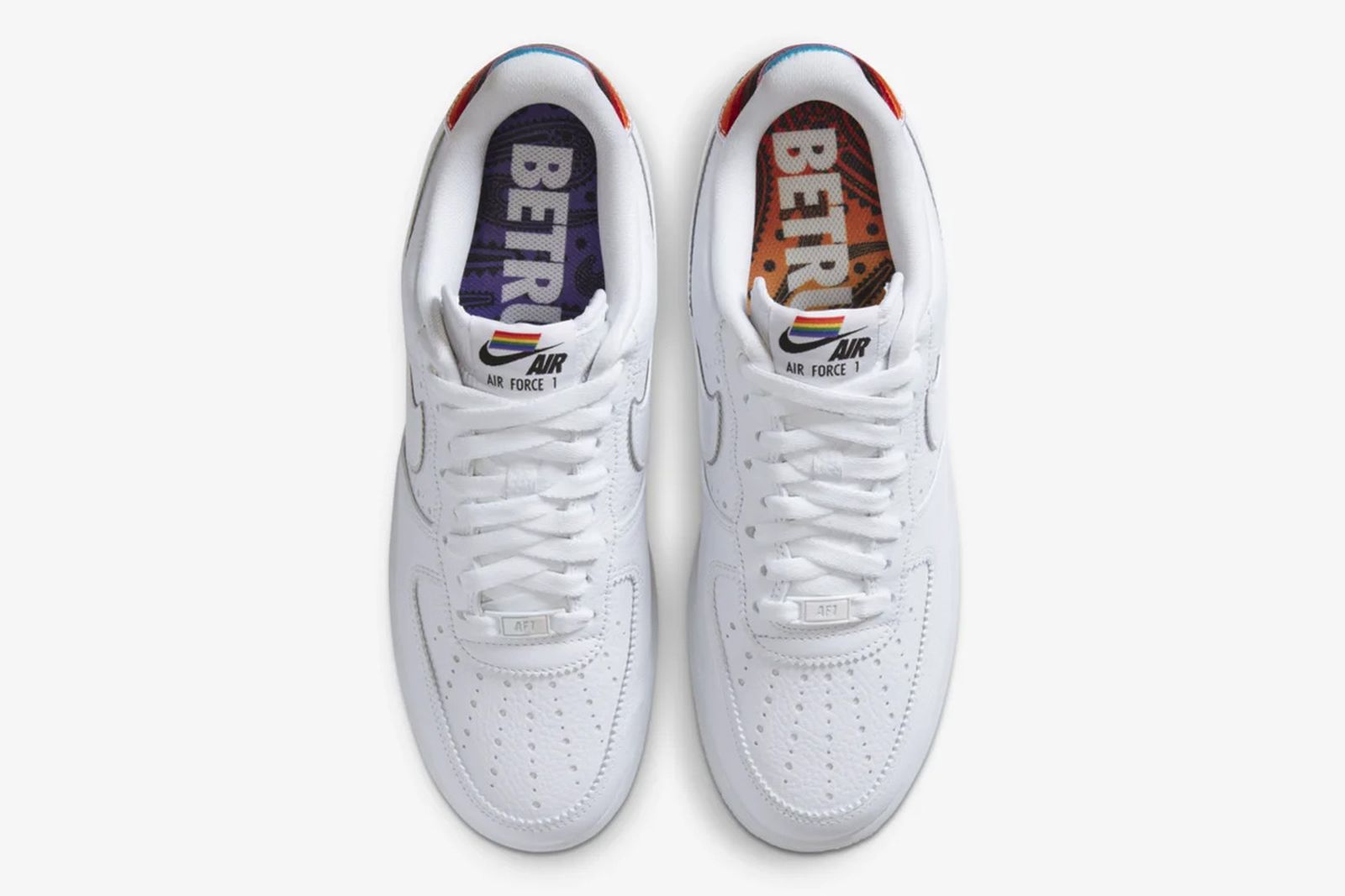 White and rainbow Pride Nike Air Force 1 top down view