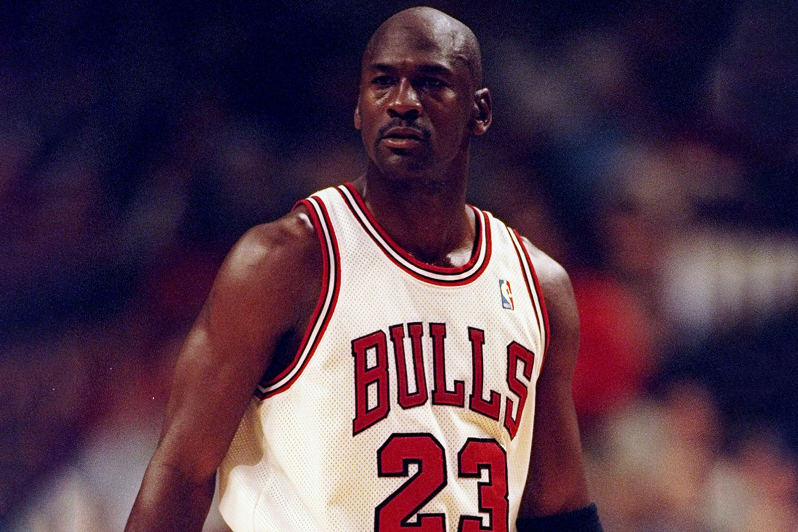 Michael Jordan of the Chicago Bulls looks on during a game against the San Antonio Spurs