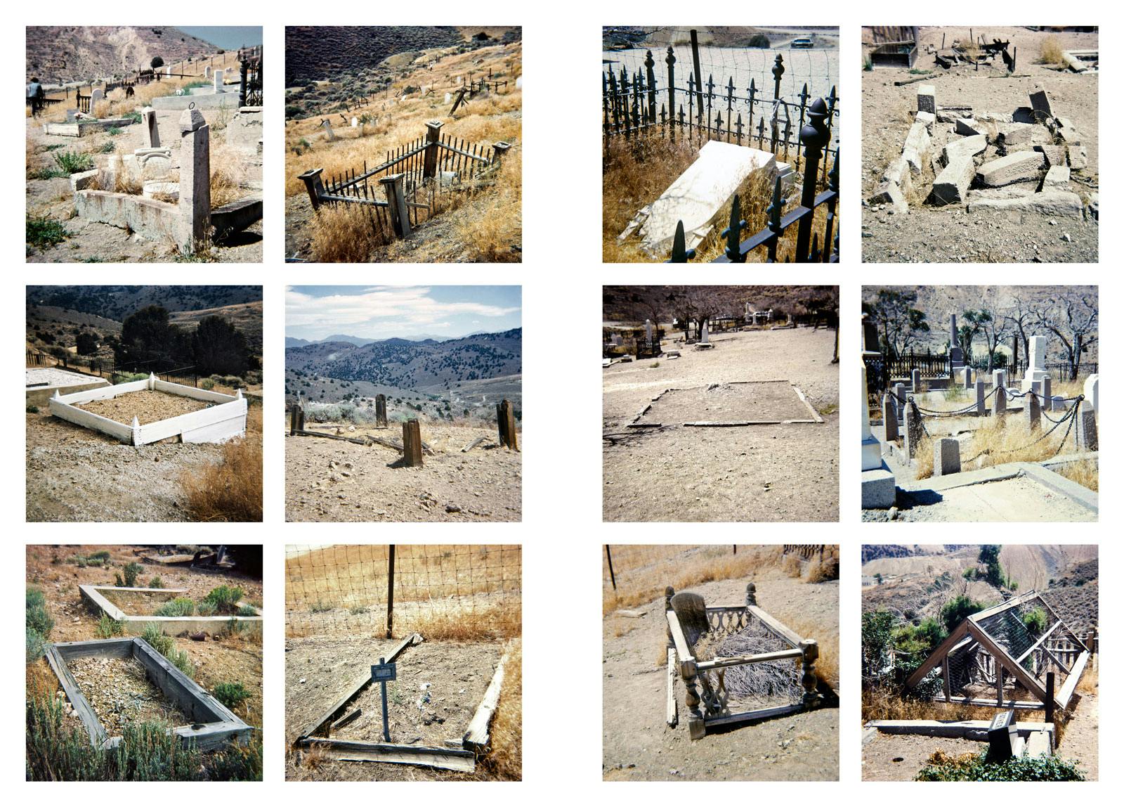 Nancy Holt, Western Graveyards, 1968. With this series of 60 photographs, Nancy Holt captures simple grave markers in Virginia City, Nevada, and Lone Pine, California, reframing the blocky build of their vernacular in the landscape.