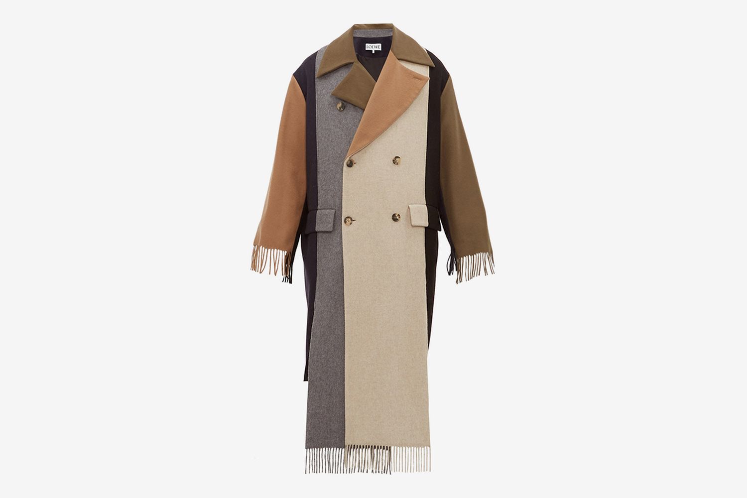 Contrast Panel Fringed Cashmere Trench Coat