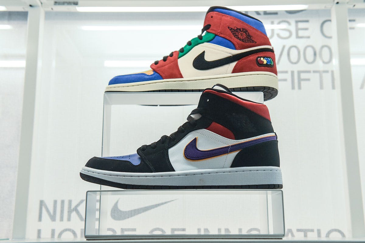 Nike sneakers are seen on display at the Nike flagship store