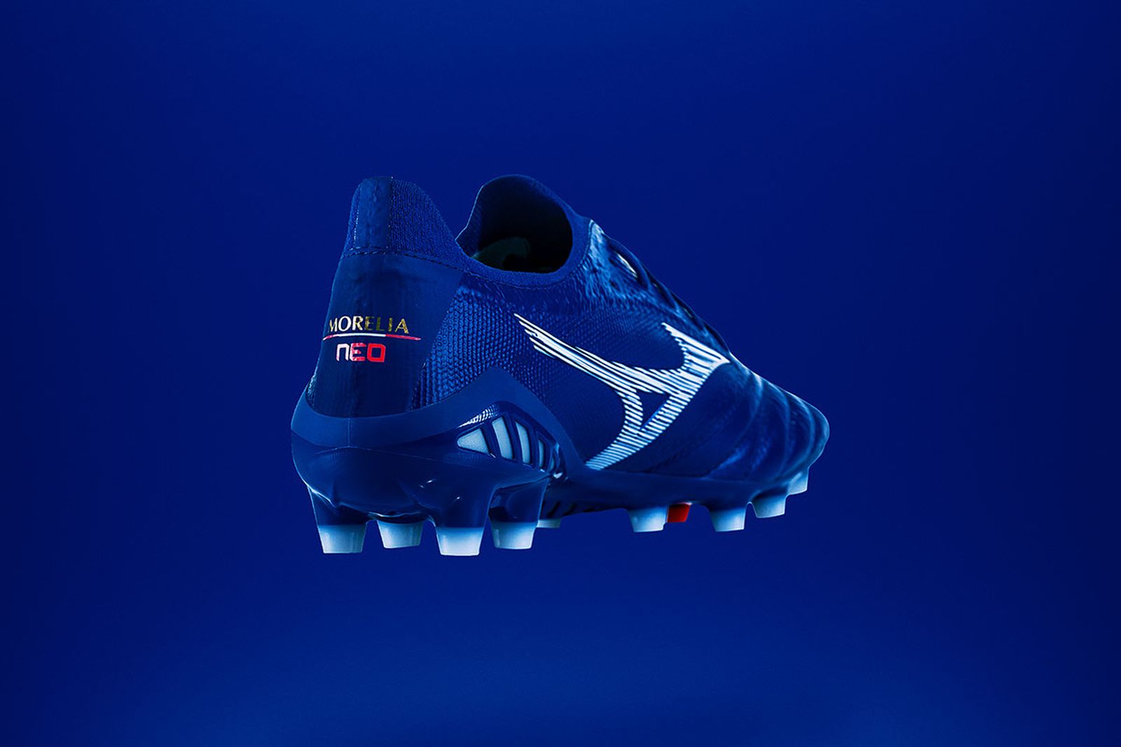 Mizuno Morelia Neo 3 blue kangaroo leather football boot product shot heel view