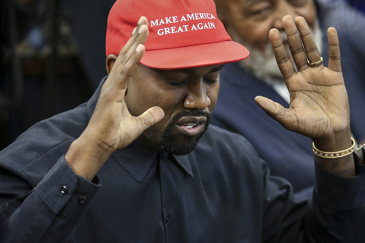 Kanye West speaks during a meeting with U.S. President Donald Trump in the Oval office