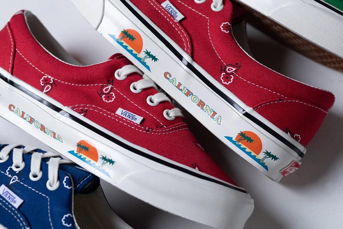 Red Vans OG Era LX with bandana paisley print on the upper