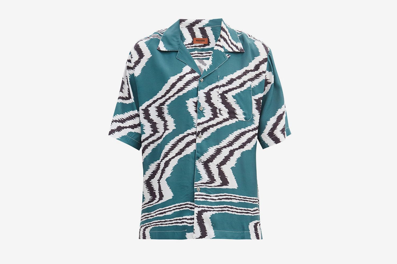 Cuban-Collar Zigzag-Print Crepe Shirt