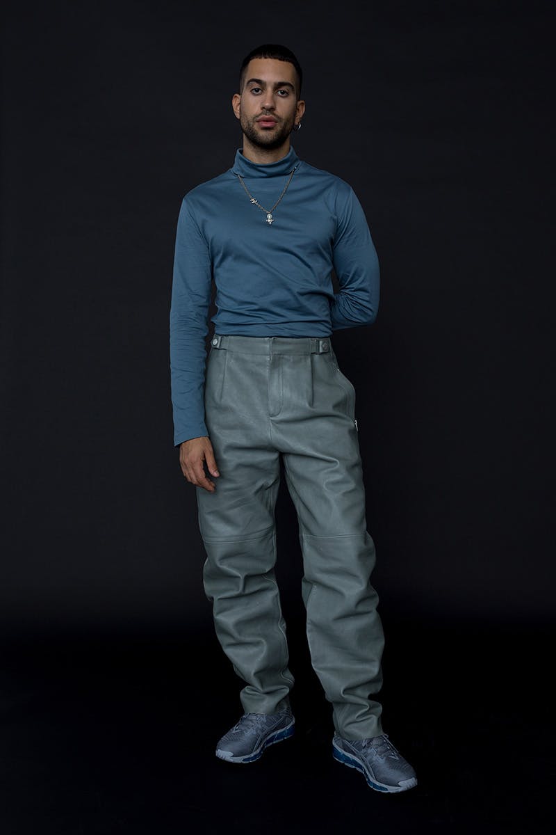 turtleneck, HERMÈS leather pants, HERMÈS necklace, CHANEL shoes, ASICS