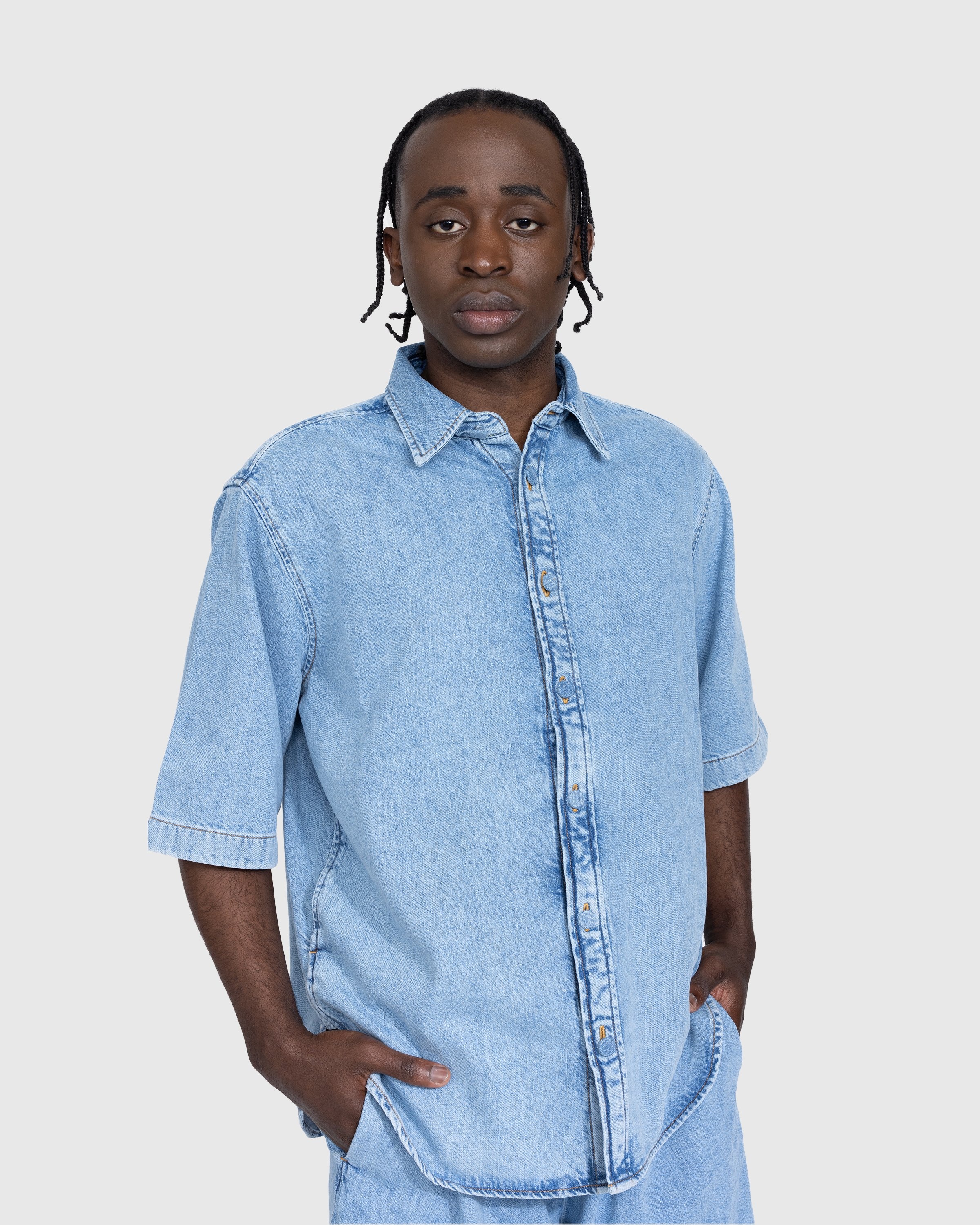 Light denim button best sale down