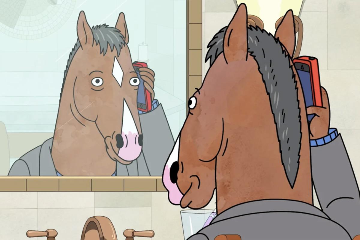 Bojack Horseman Season 6, looking in mirror on phone