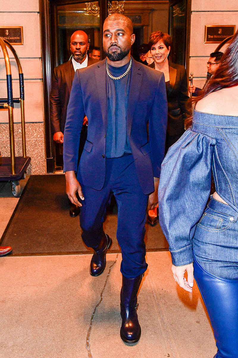 Kanye West Navy Suit and Riding Boots