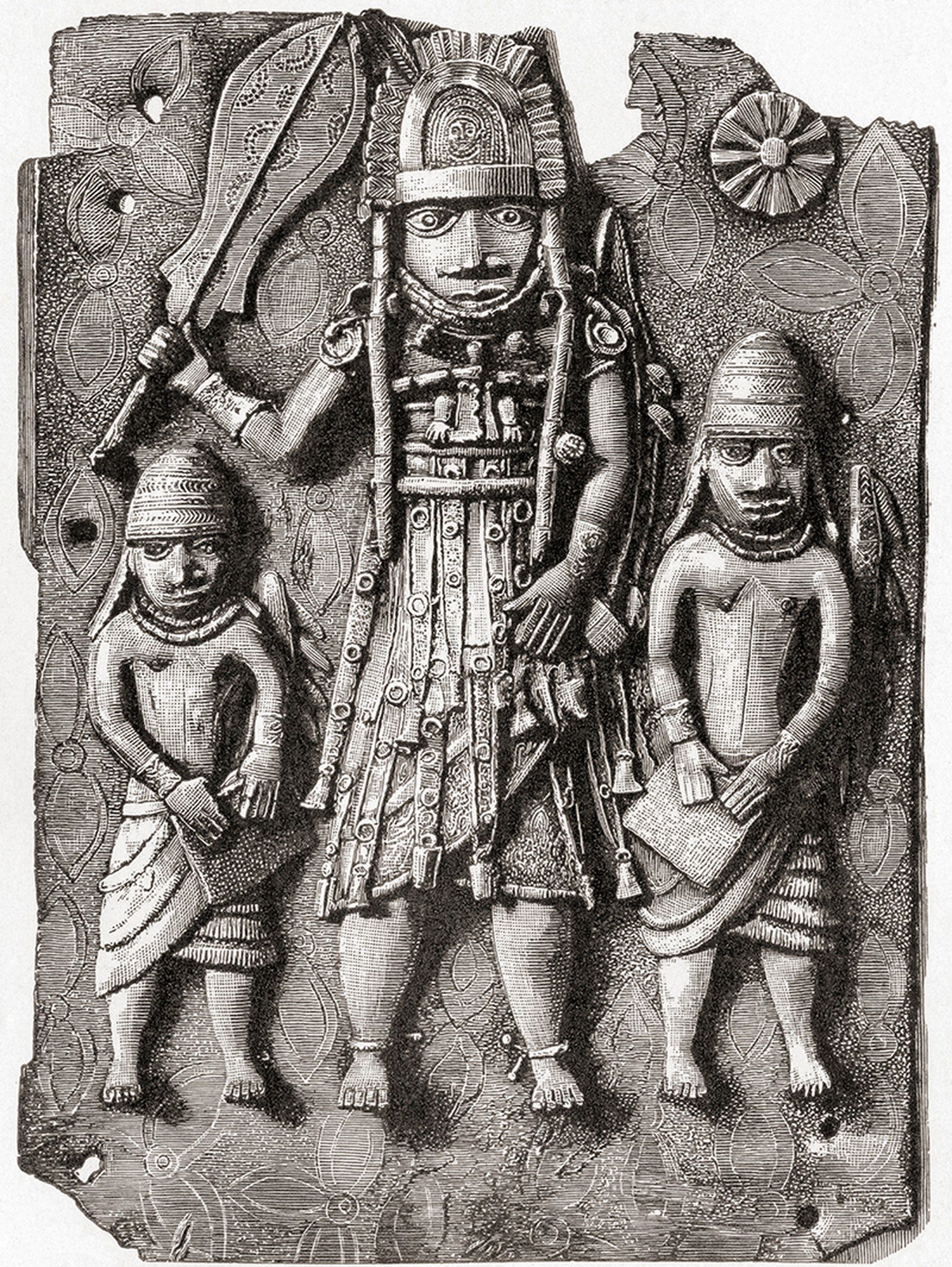 One of the Benin Bronze plaques which originally decorated the royal palace of the Benin Kingdom in modern-day Nigeria. From Meyers Lexicon, published 1924.