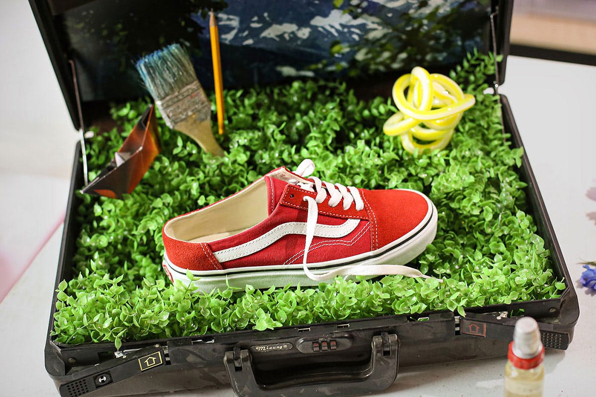 Red Vans Mule Old Skool with white side stripe