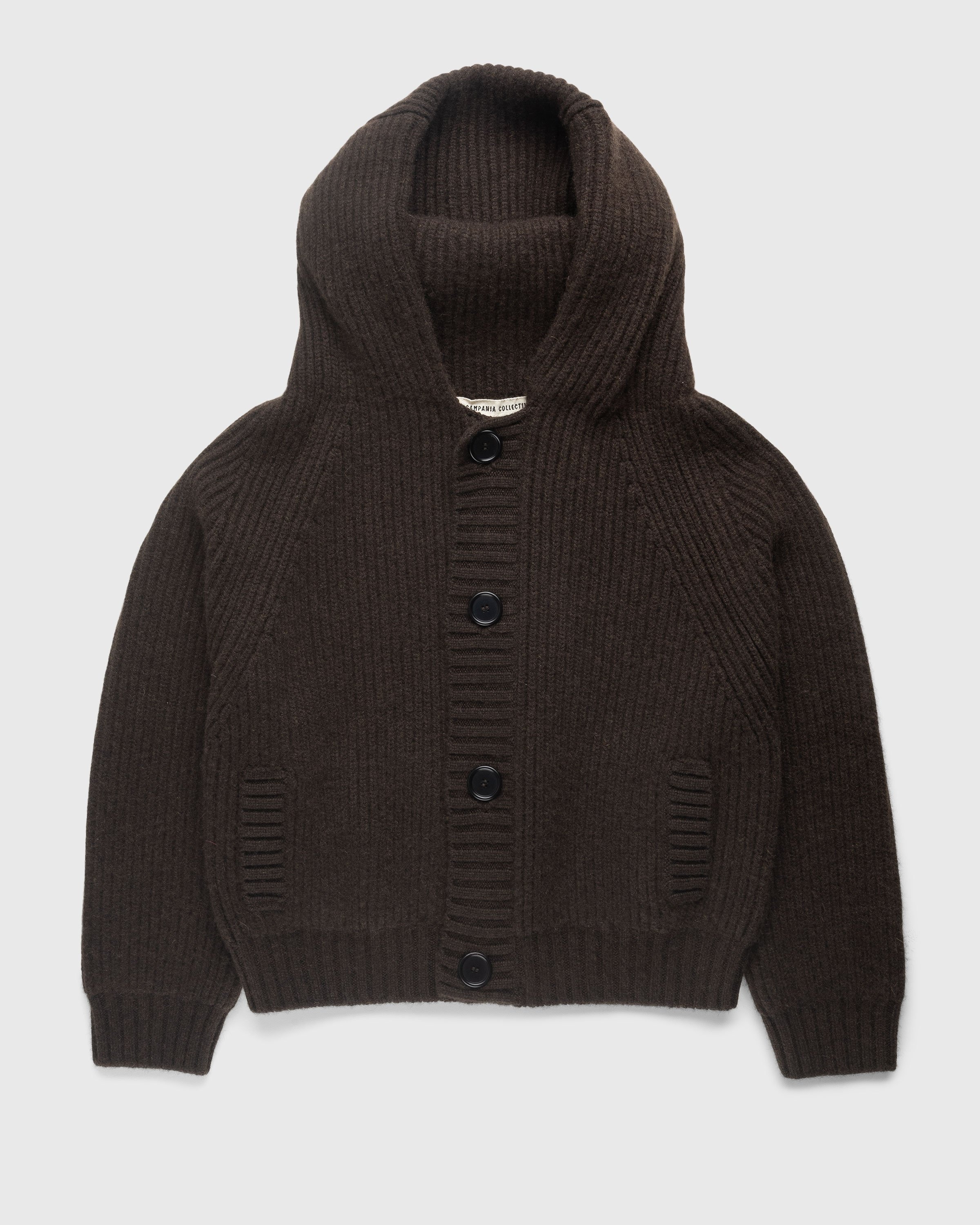 Meta Campania Collective – Michel Exaggerated Rib Cashmere Hooded Cardigan Dark Chocolate Brown - Knitwear - Brown - Image 1