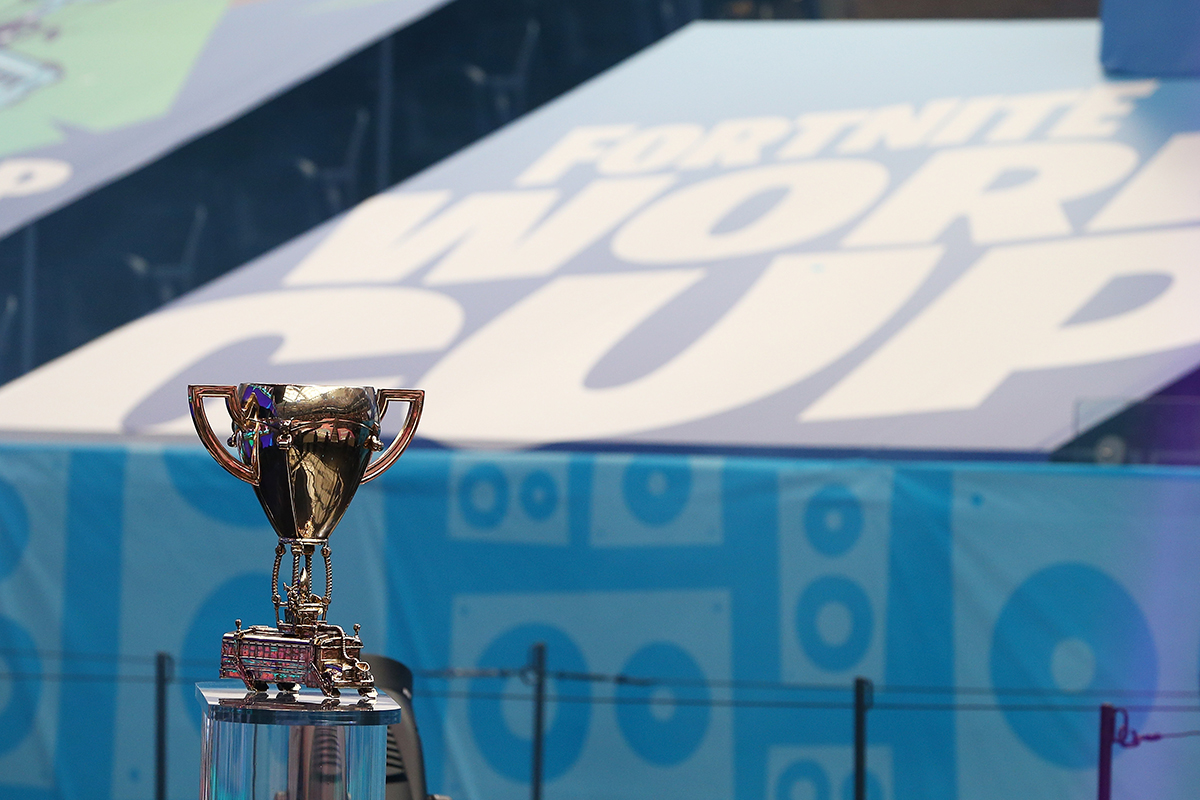 The Fortnite World Cup trophy is seen during the Final round at Arthur Ashe Stadium