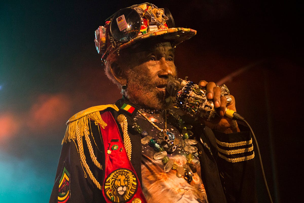 BOGNOR REGIS, ENGLAND - OCTOBER 08: Lee Scratch Perry performs at Butlins on October 8, 2016 in Bognor Regis, England. (Photo by Maria Jefferis/Redferns)