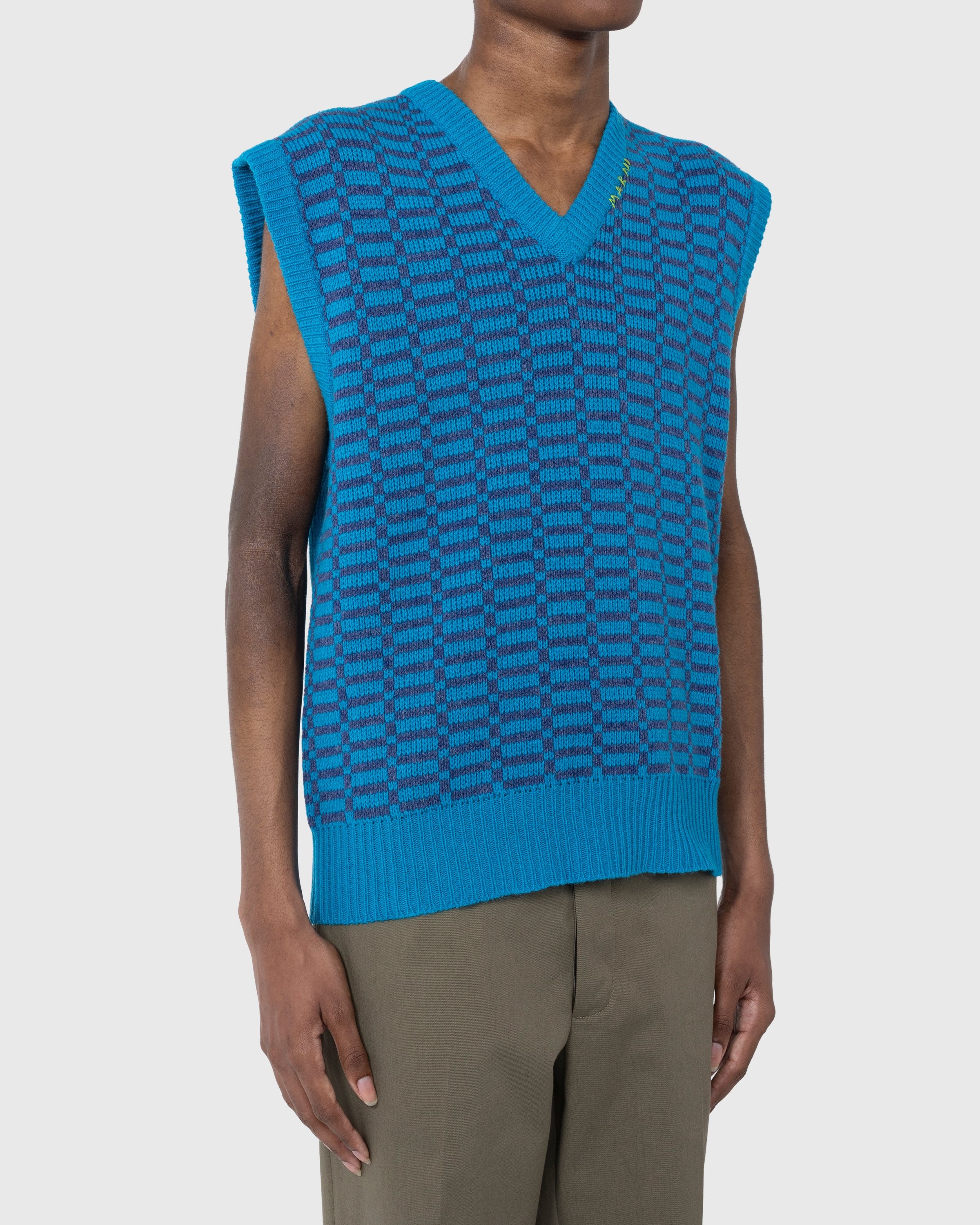 Marni – Shetland Wool V-Neck Sweater Vest Blue - Knitwear - Blue - Image 3