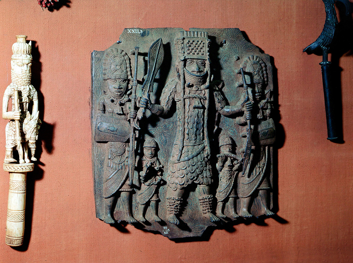Benin bronze: plaque of warrior chief of the Bini tribe, Benin, Nigeria. British Museum.