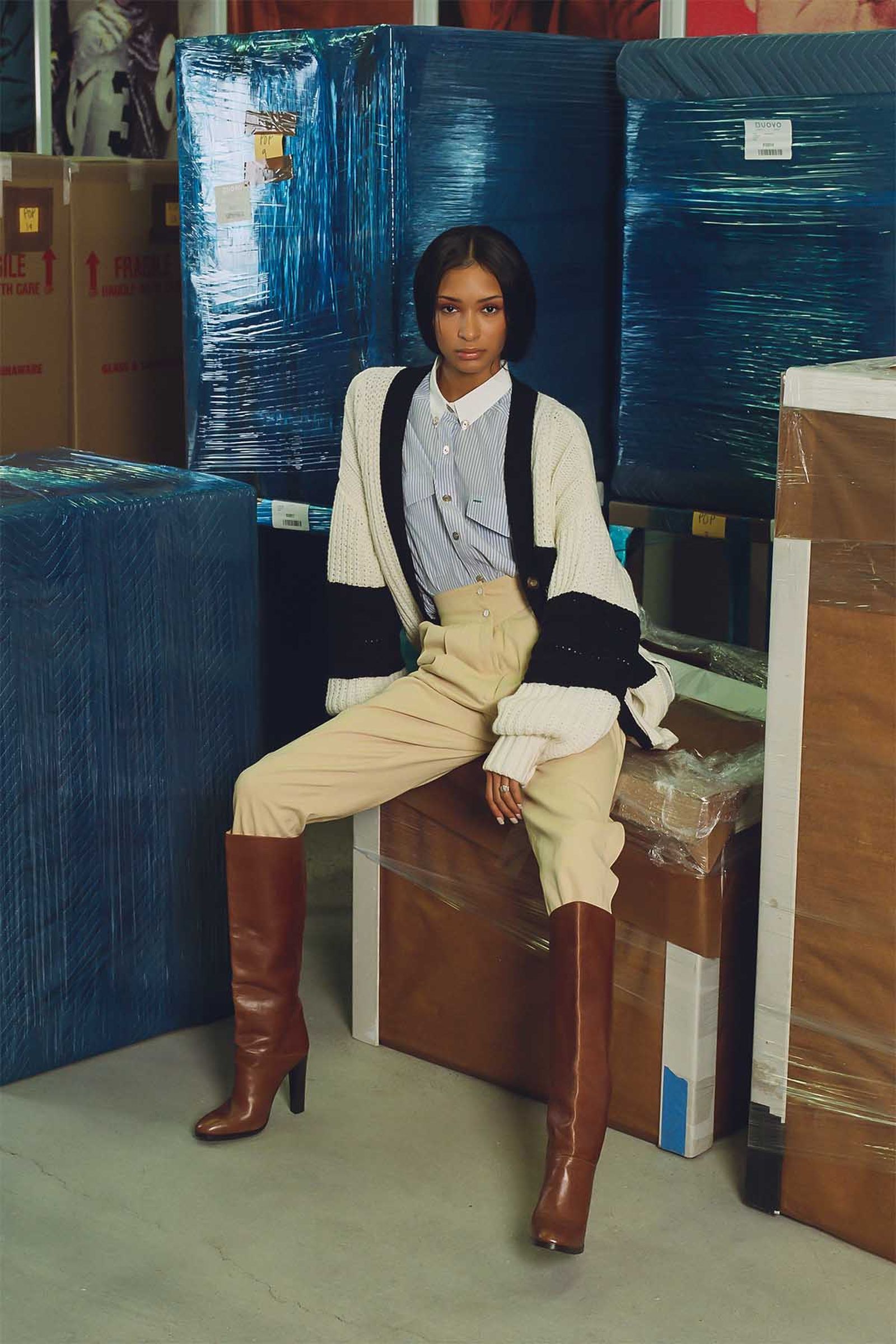 Hilfiger Collection Women’s Letterman Cardigan and Heritage Shirt (Fall 2020), Tommy Hilfiger Women’s Cropped Wool Pleat Trousers (Fall 1982), Tommy Hilfiger Collection Women’s Leather Knee-High Boots (Fall 2009)