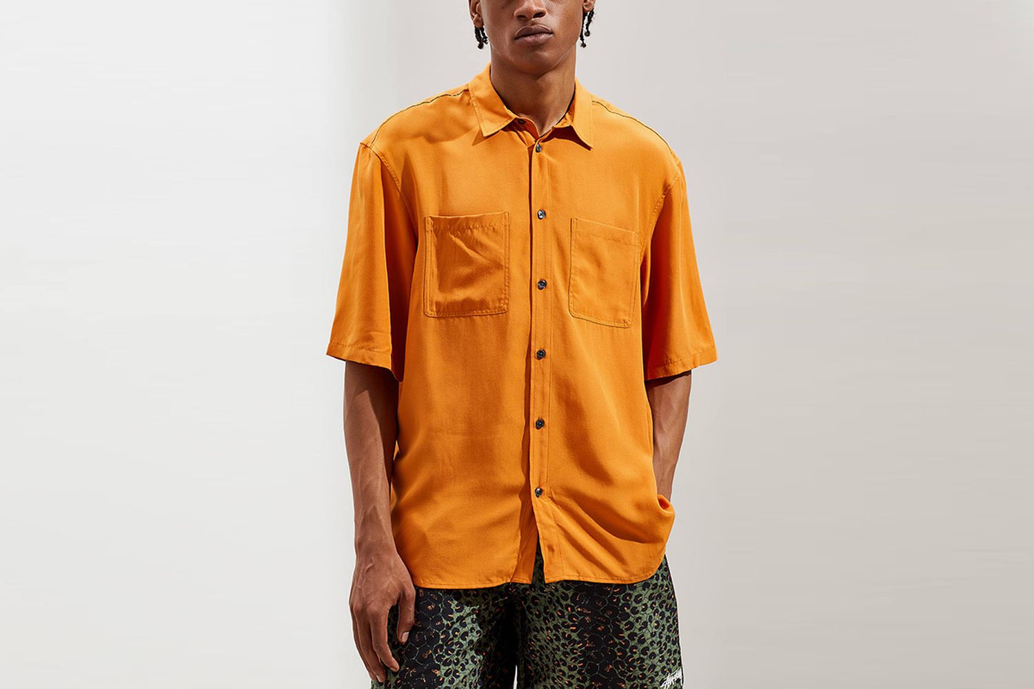Solid Faux Silk Short Sleeve Button-Down Shirt