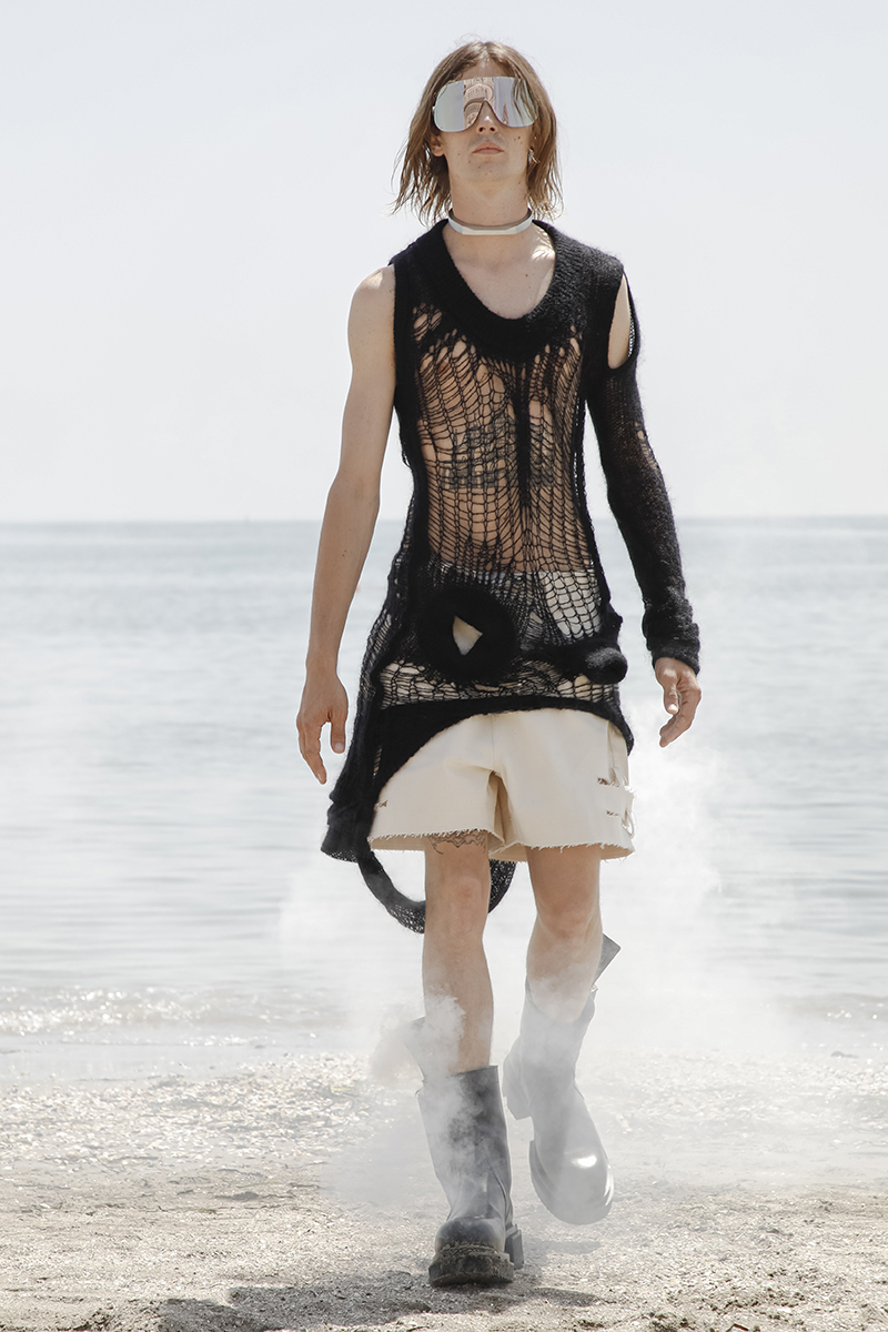 Model on the catwalk at the Rick Owens Fashion show in Venice Lido, Spring Summer 2022, Menswear Fashion Week