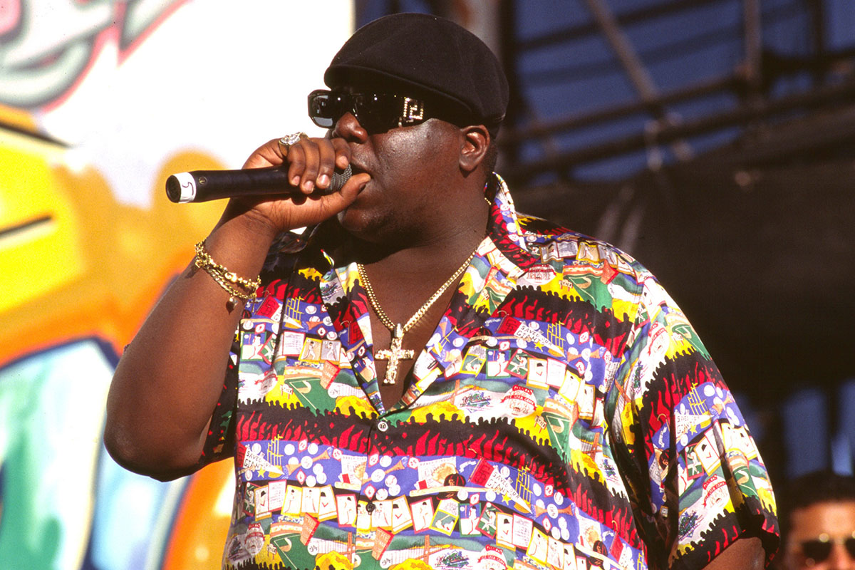 Notorious B.I.G. performing multicolored shirt
