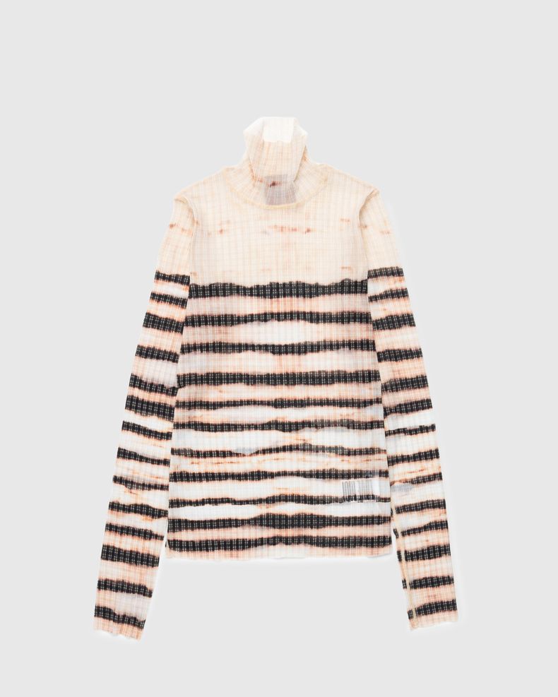 High Neck Longsleeve Printed Stripe Top Ecru/Brown
