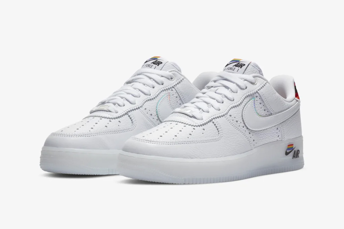 White and rainbow Pride Nike Air Force 1 frontal side view