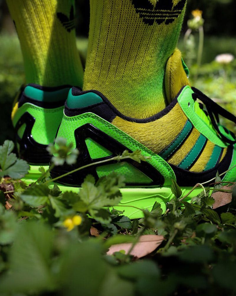 atmos x adidas ZX 8000 heel view yellow and green and black