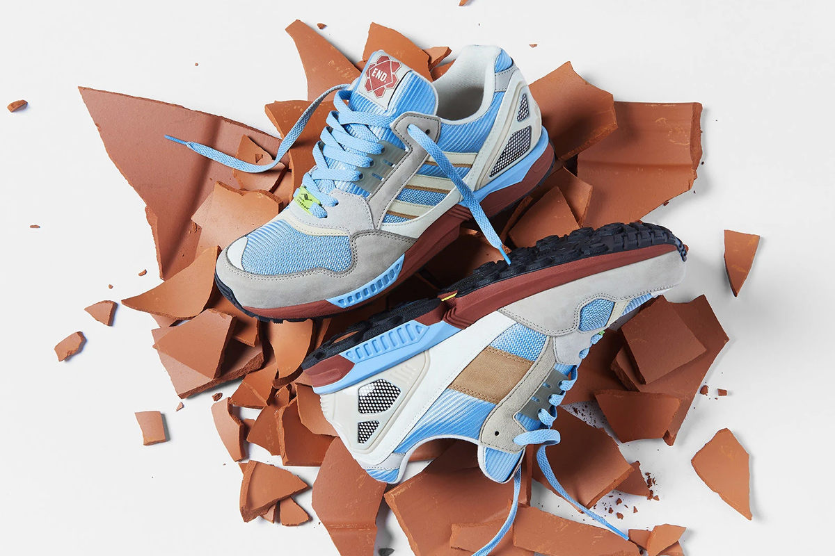The END. x adidas Originals ZX 9000 collaborative sneaker in blue, grey, and terracotta colors.