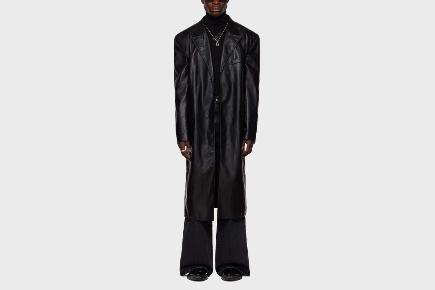 Peaked Lapel Leather Coat