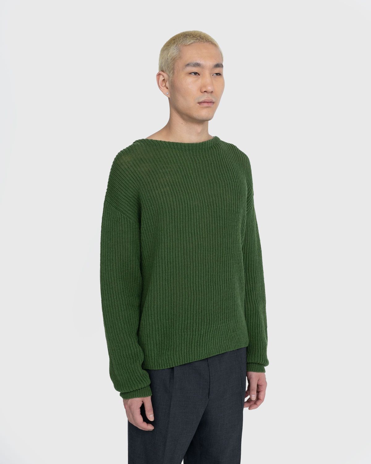 Auralee – Hard Twist Wool Rib Knit Boat Neck Pullover Green 