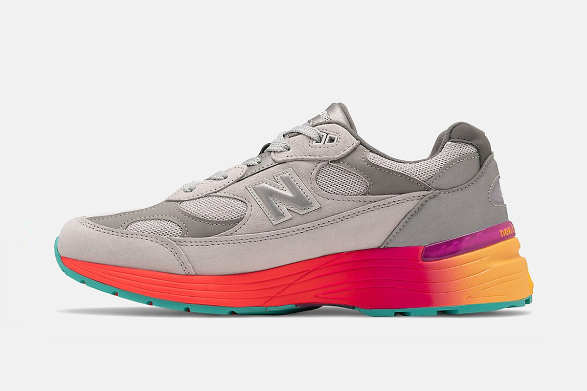 grey and multicolor new balance 992 sneaker in side profile view