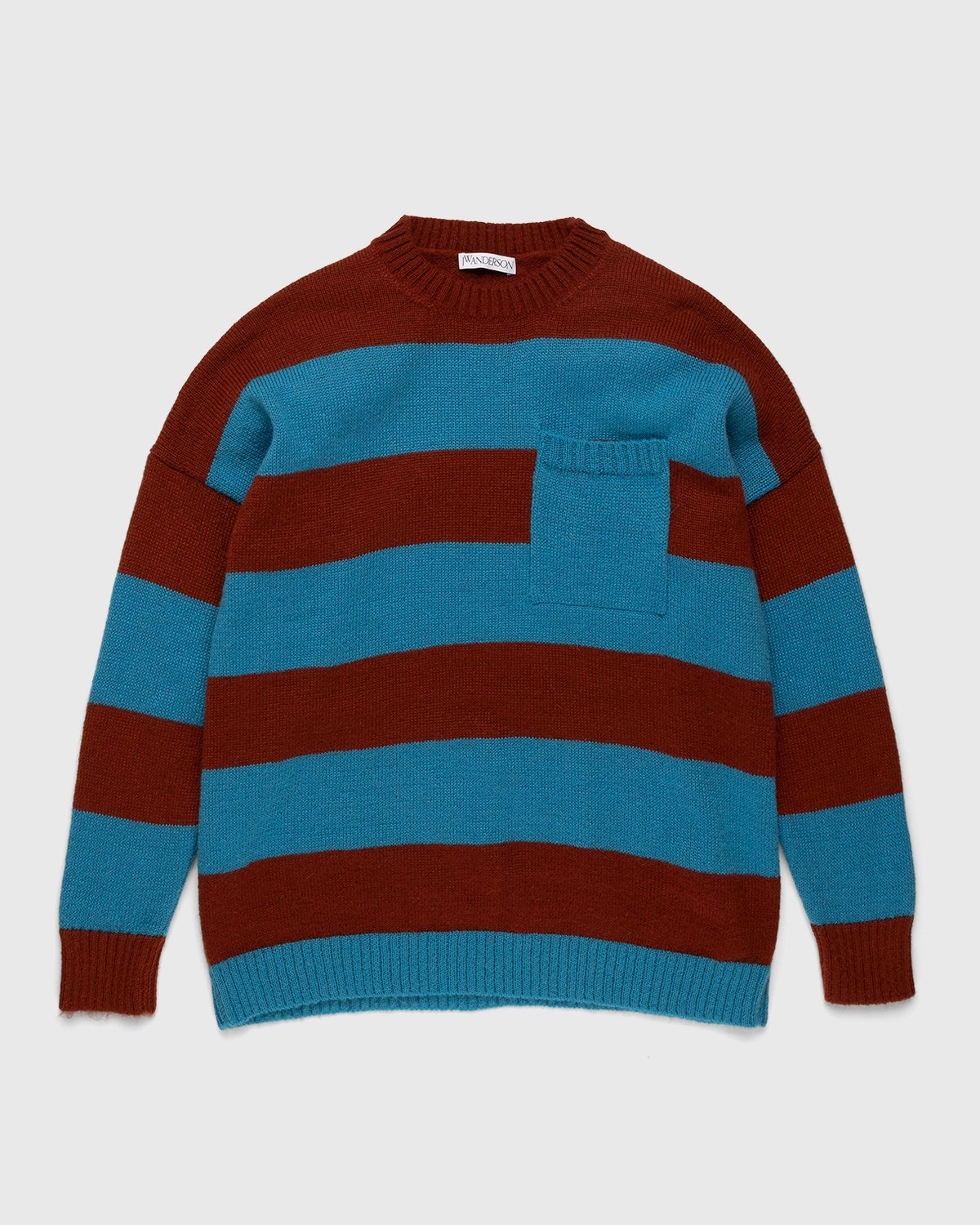 J.W. Anderson – Striped Patch Pocket Crewneck Jumper Blue/Pecan - Knitwear - Multi - Image 1