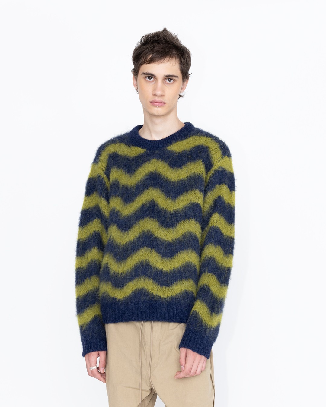 Highsnobiety HS05 – Alpaca Fuzzy Wave Sweater Navy/Olive Green - Knitwear - Multi - Image 3