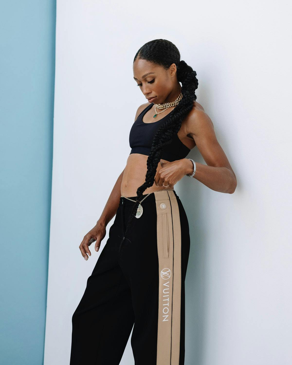 Sports Bra ATHLETA Track Pants LOUIS VUITTON Necklaces and Bracelet SHAY JEWELRY Waist Belt CHANEL
