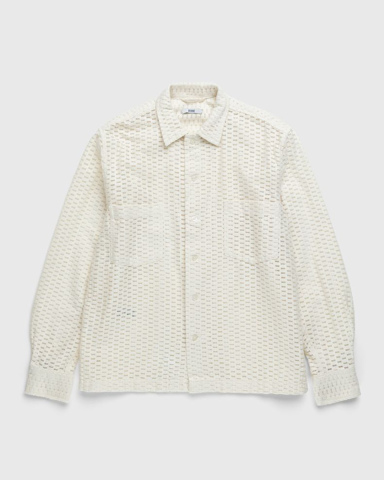 Sheer Brick Lace Long-Sleeve Shirt Beige