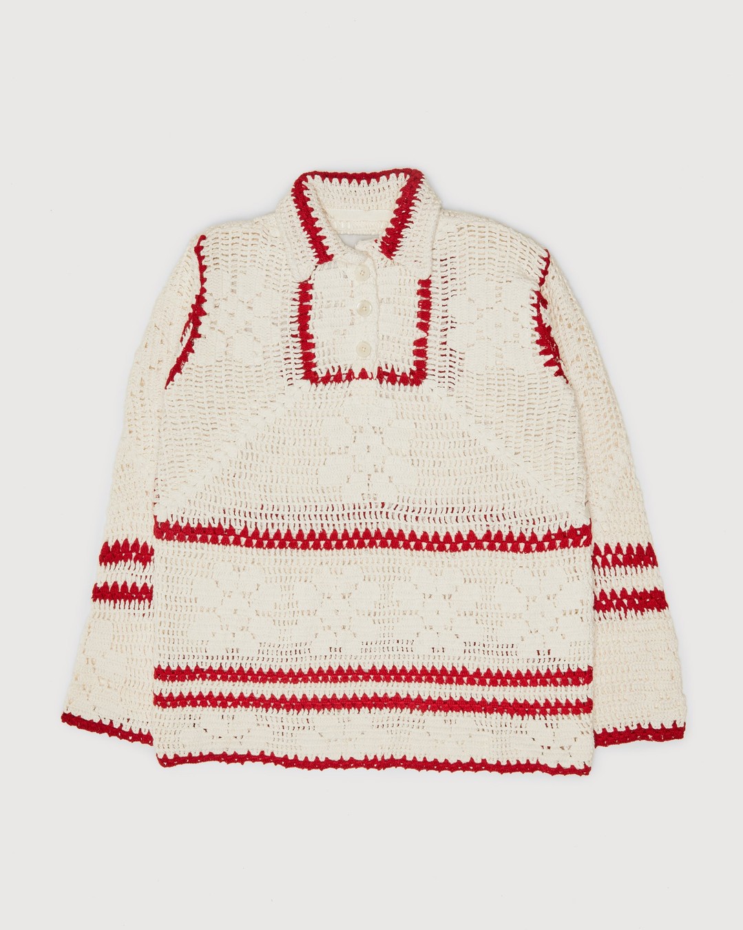 Bode – Mockneck Crochet Pullover White Red - Crewnecks - Beige - Image 1