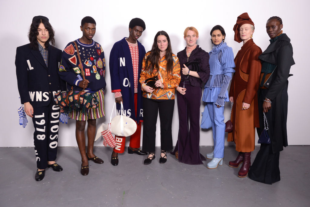 LONDON, ENGLAND - FEBRUARY 17: Winners Bode designer, Emily Adams Bode and designer Richard Malone (C) with models backstage at the International Woolmark Prize 2020 during London Fashion Week February 2020 at Ambika P3 on February 17, 2020 in London, England. (Photo by Joe Maher/Getty Images for Woolmark)