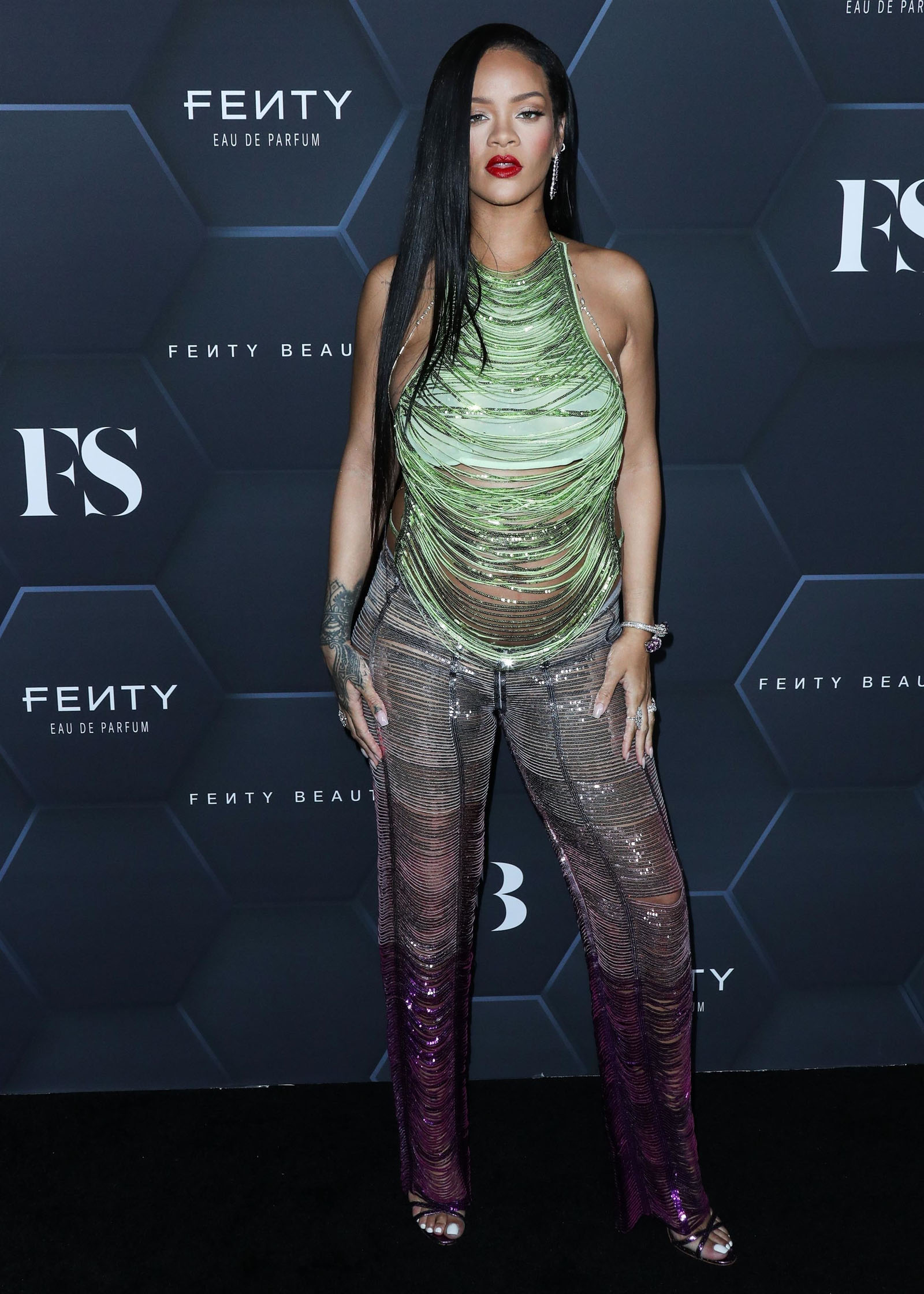 Pregnant Rihanna wearing The Attico arrives at the Fenty Beauty And Fenty Skin Celebration