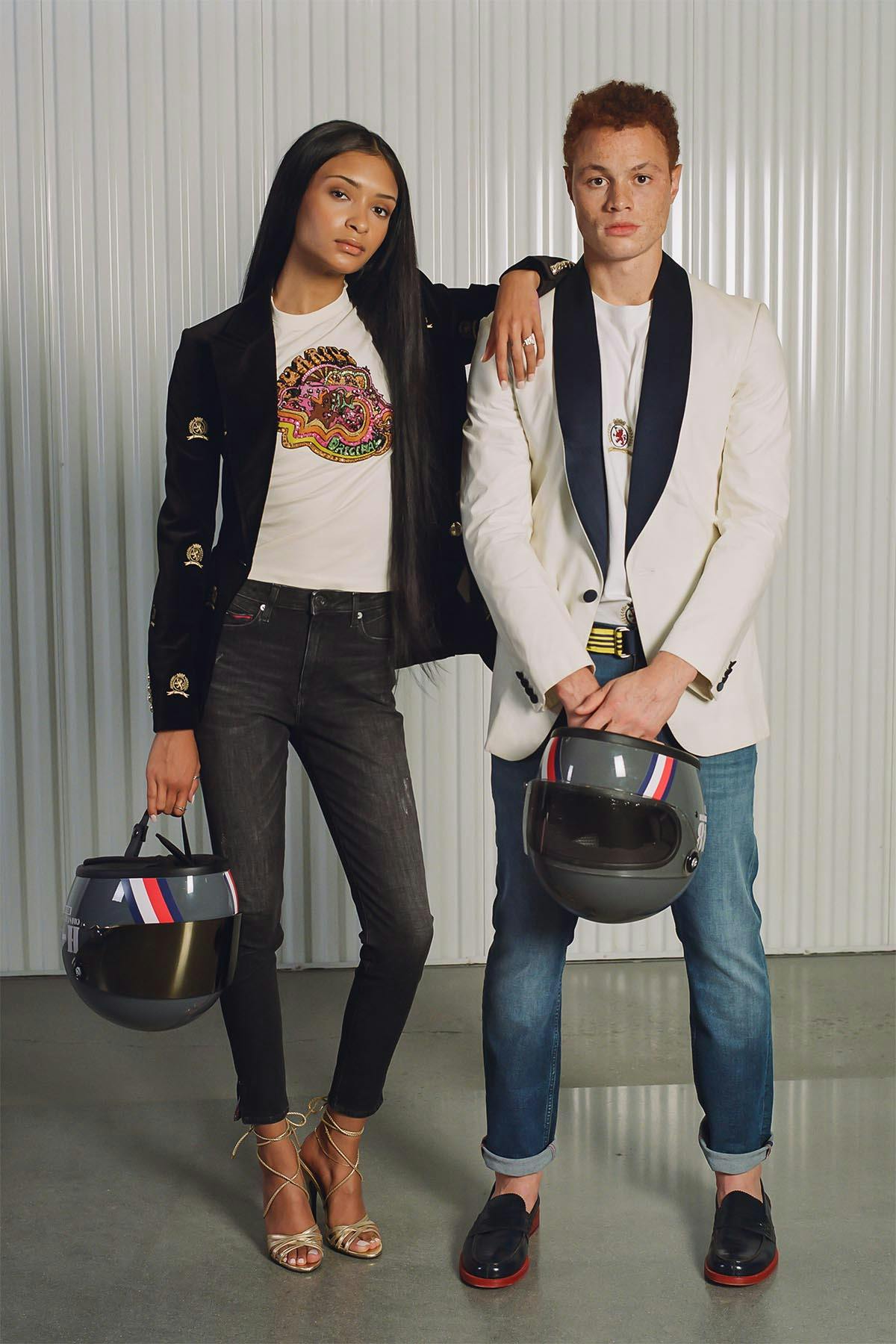 (Left) Hilfiger Collection Women’s Critter Crest Blazer (Fall 2020), TommyXZendaya Capsule Collection Zodiac Graphic T-Shirt and Elevated Strappy Sandals (Spring 2019). (Right) Tommy Hilfiger Collection Men’s Tuxedo Jacket (Spring 2011), Hilfiger Collection Men’s All-over Crest Pocket T-Shirt (Fall 2020), Tommy Jeans Men’s Slim-Fit Washed & Worn Jean (Fall 2020)