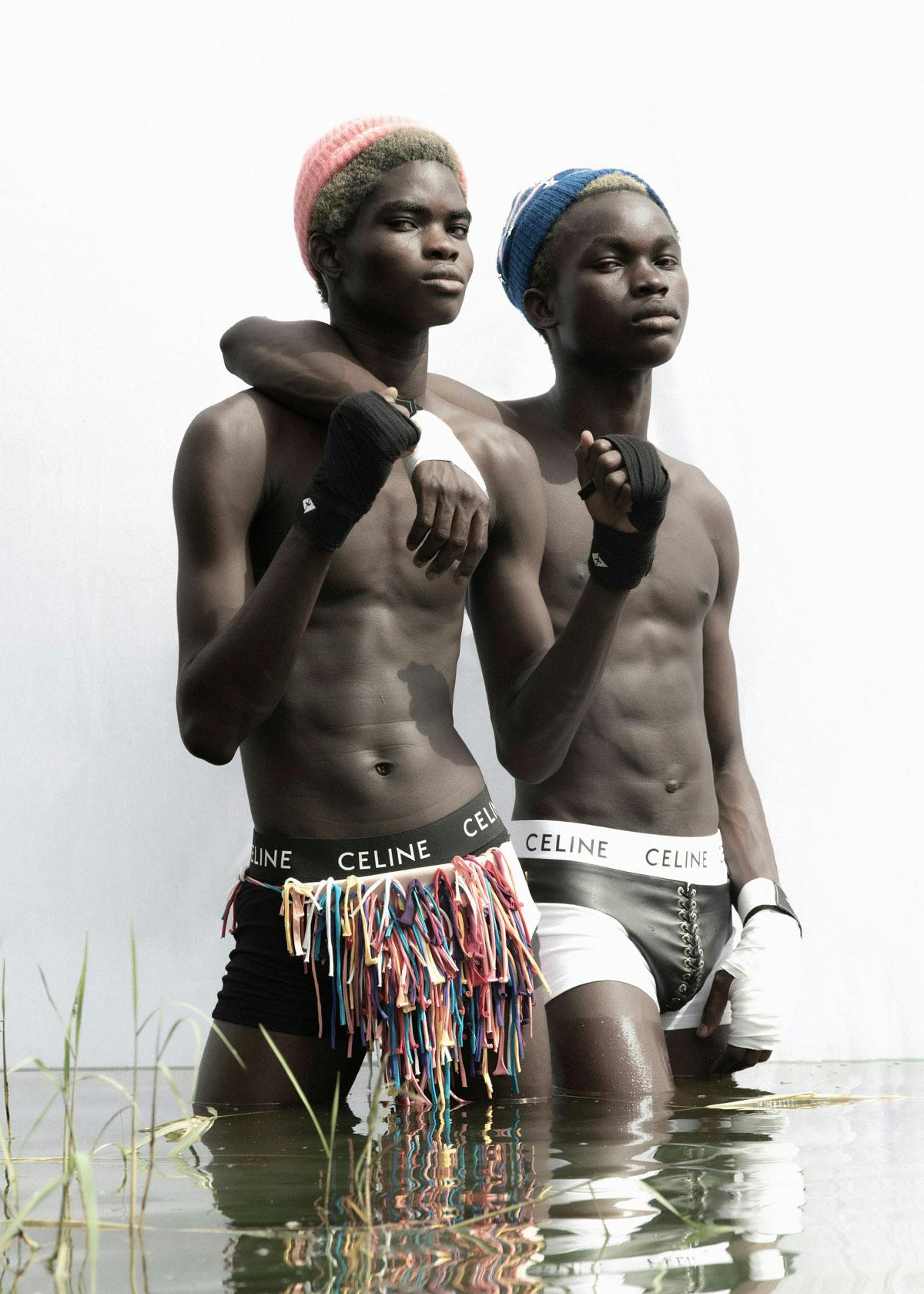 QUAYE Hat and underwear CELINE Swimming trunks KEZAKO BEDZO Hat and underwear CELINE Swimming trunks LUDOVIC DE SAINT SERNIN