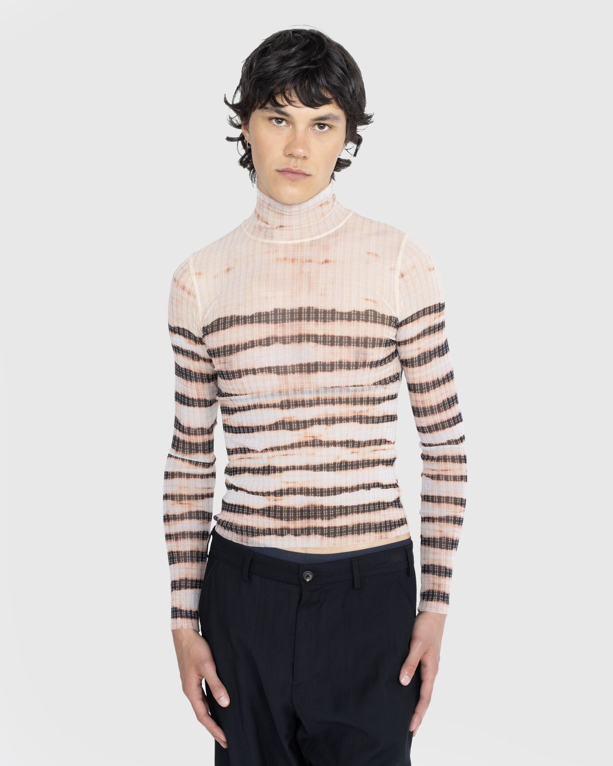 Jean Paul Gaultier – High Neck Longsleeve Printed Stripe Top Ecru/Brown - Longsleeves - Beige - Image 2