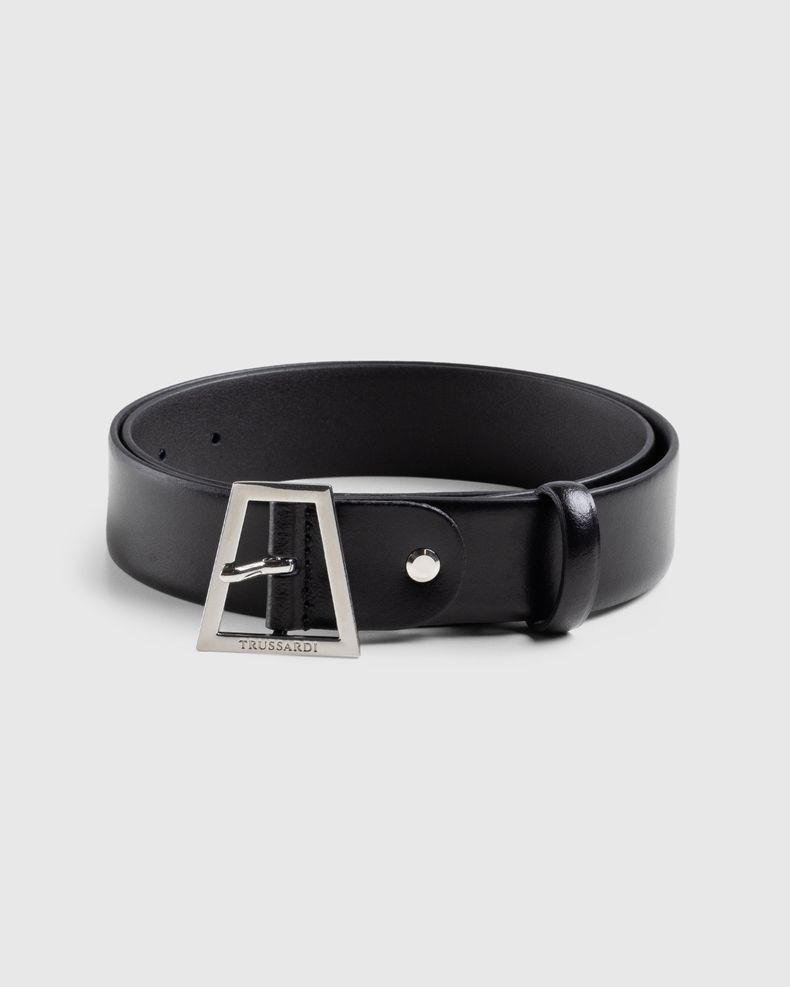 Squared Silver Buckle Calf Leather Belt Black